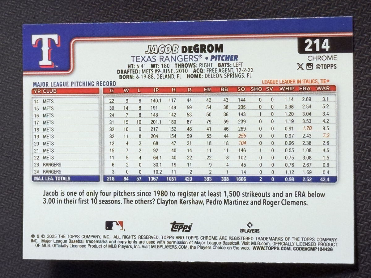 2025 Topps Chrome SEPIA REFRACTOR Jacob DeGrom item 1 | eBay