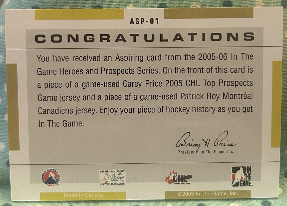 Patrick Roy Carey Price 2005-06 En el Juego Héroes y Perspectivas Aspirantes Reliquias Foto 2 de 2