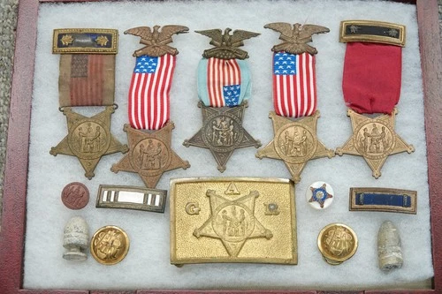 GAR Membership Civil War Veteran Medals (5x) : bullets, buttons, ribbons FRAMED