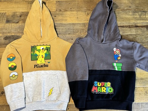 Boys (XS) Lot of 2 Pullover Hoodies- Tan & Gray Pikachu/Black & Gray Super Mario