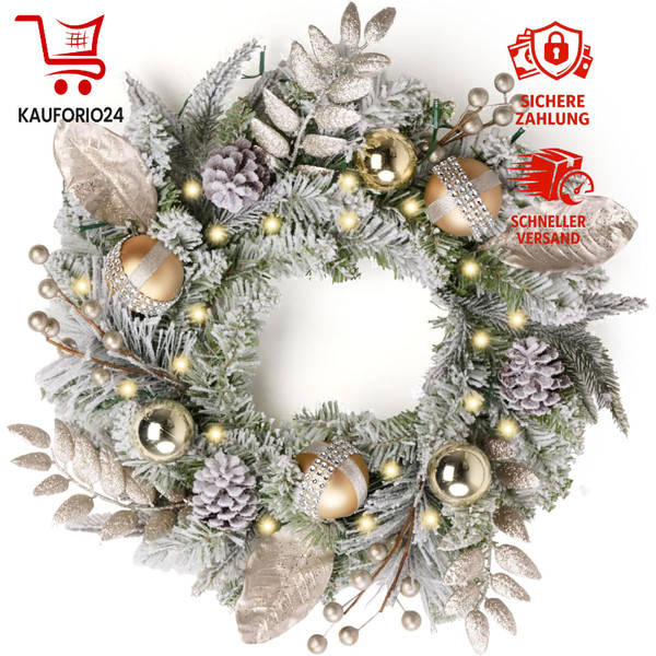 Weihnachtskranz 40Cm Weiß Gold Mit 20 Leds Timer Tannenzapfen FüR Deko Feste-image