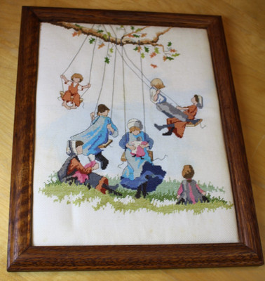 Amish Playtime Cross-Stitch Wood Framed Picture Art 3D Swing Nature Tree Nursery