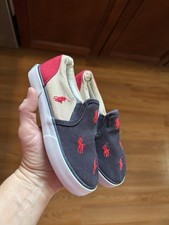 Ralph Lauren Boy Size 10 Navy Red and Tan Flat Shoes with Polo Logo In Red