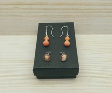 Two Pairs of Vintage 925 Sterling Silver Cameo and Pink Coral Stud/Drop Earrings