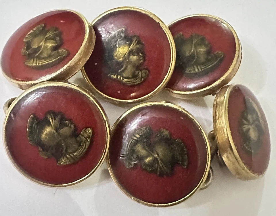 6 Burgundy Resin Brass 3/4” Buttons Athena/Minerva Woman Goddess Helmet Soldier - Image 3 of 4