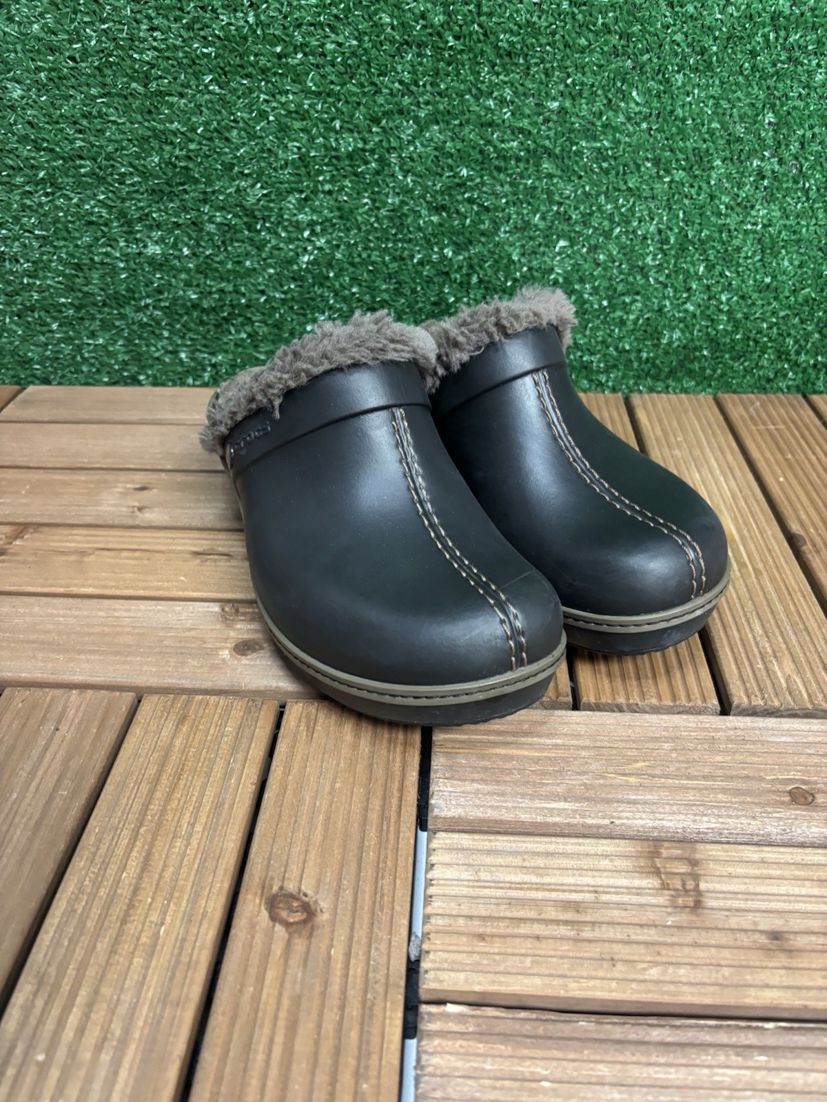 CROCS Women's Size 8 Cobbler Faux Fur Lined Brown Clogs Mules Wedges 11552