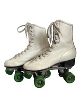Vtg 60 s White Leather Roller Skates Sz 8 Roller Derby Green Wheels USA Rink