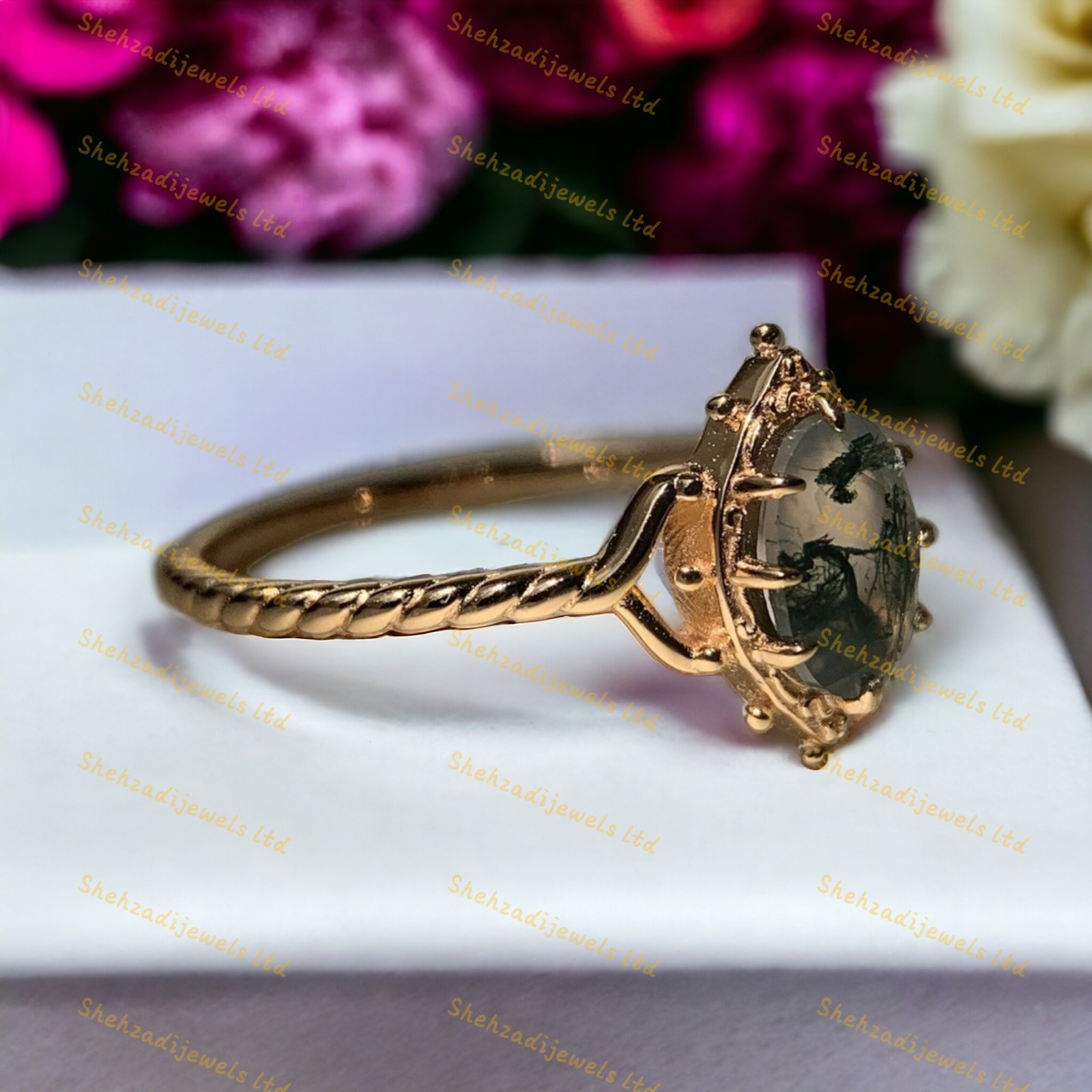 Natural Oval Moss Agate Ring, Vintage Twisted Band Engagement Ring, Handcrafted - second product detail image