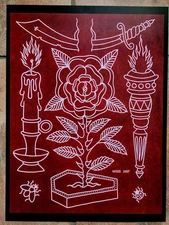 vintage 1997 dan higgs freaky folk art sword torch rose tattoo flash 11x14 print