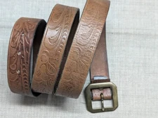 USA made J.CREW cowhide leather TOOLED brass buckle 38 vintage style WESTERN