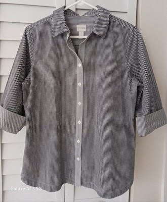 Chico's 1 Blouse Top Blk/Wh Checks/Stripes 3/4 Slvs Women's M 8 NWOT