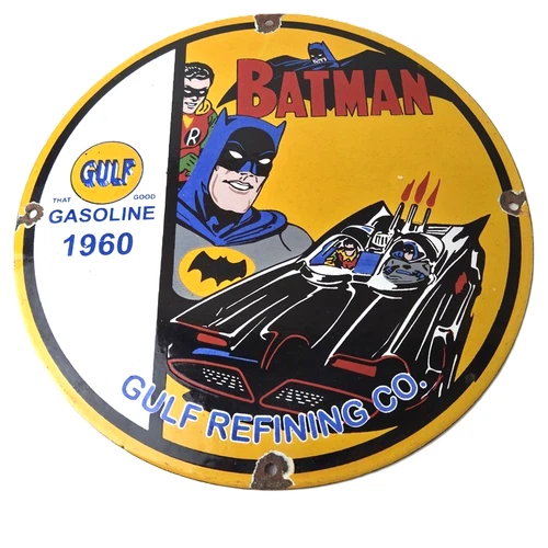 Vintage Gulf Gasoline Sign - Batman Robin Porcelain Gas Pump Sign