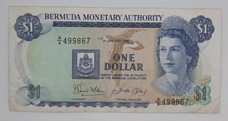 1986 Bermuda Monetary Authority 1 Dollar BMD Banknote Serial No A8 499867