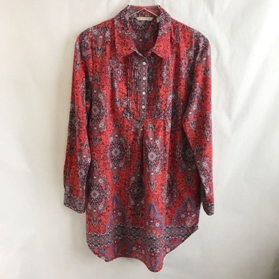 Soft Surroundings Morrocan Red Geo Floral Pleated Tunic Top Size L 100% Cotton