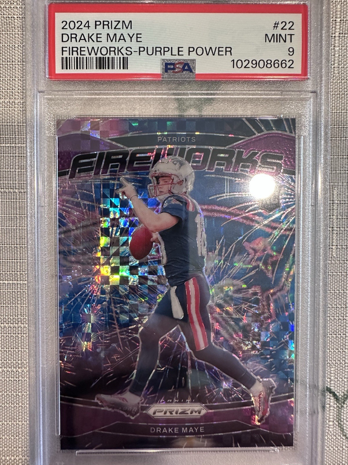 2024 Panini Prizm Fireworks Purple Power Drake Maye RC #20/49 PSA 9