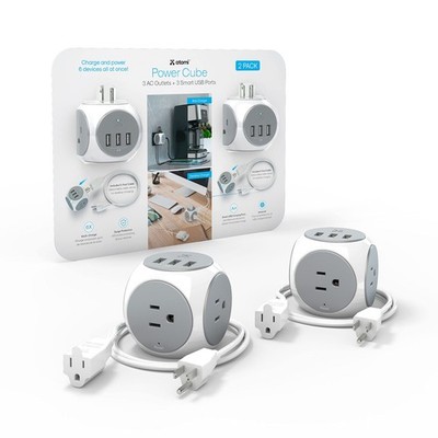Atomi Power Cube 2-Pack   3AC Outlets + 3 Smart USB Ports + 5-ft. Cable