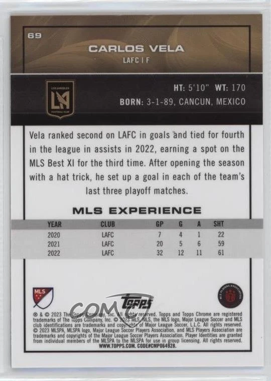 2023 Topps Chrome MLS Gold Mini-Diamond Refractor /50 Carlos Vela #69 - Image 2 of 2