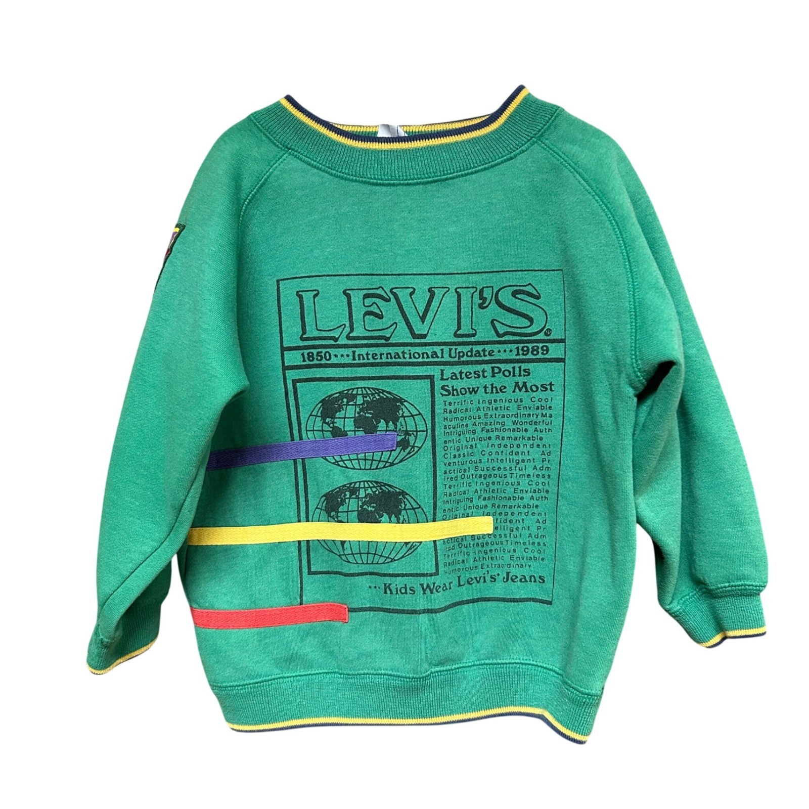 VTG 1989 Little Levi's Kids Green Graphic Sweatshirt International Update Retro