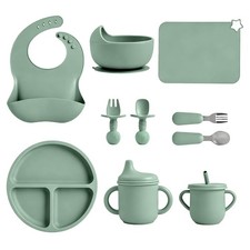 10 PCS Silicone Baby Feeding Set Suction Plate Bowl Bib Placemat Cup Green