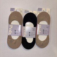 6 PAIR Womens Peds NUDE/BLACK Super Low Cut N0-SHOW Socks 8-12 EXTENDED ER2