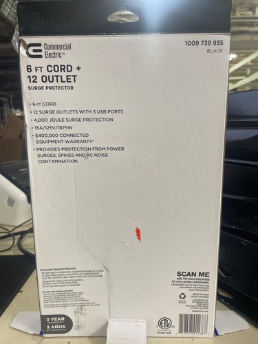 Protector contra sobretensiones eléctrico comercial de 6 pies 12 salidas negro con USB - Imagen 3 de 5