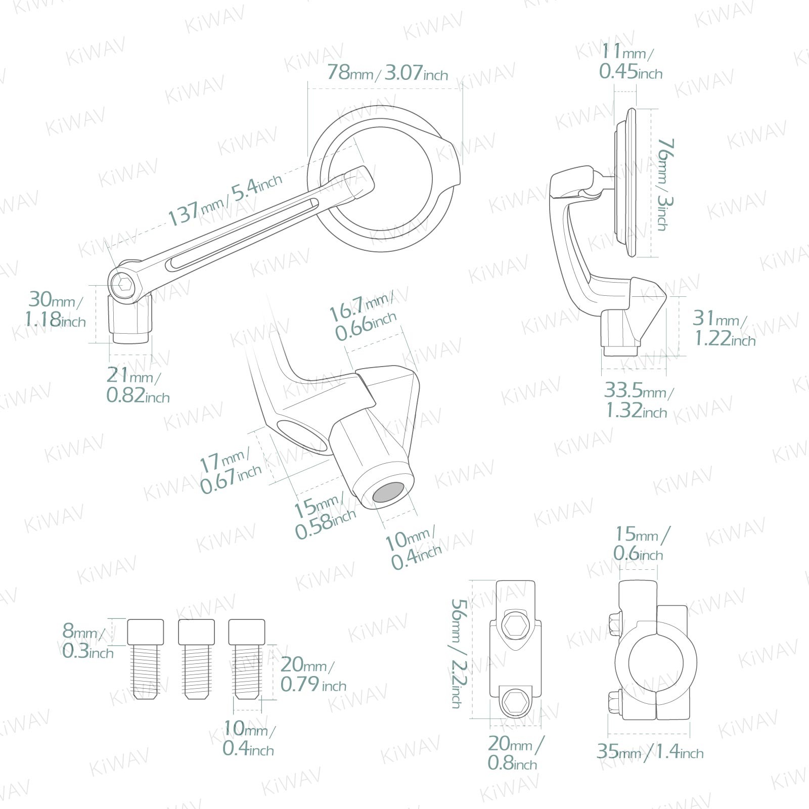 KiWAV black mirrors round AURA sleek adjustable clips 7/8" bars e-bikes bicycles