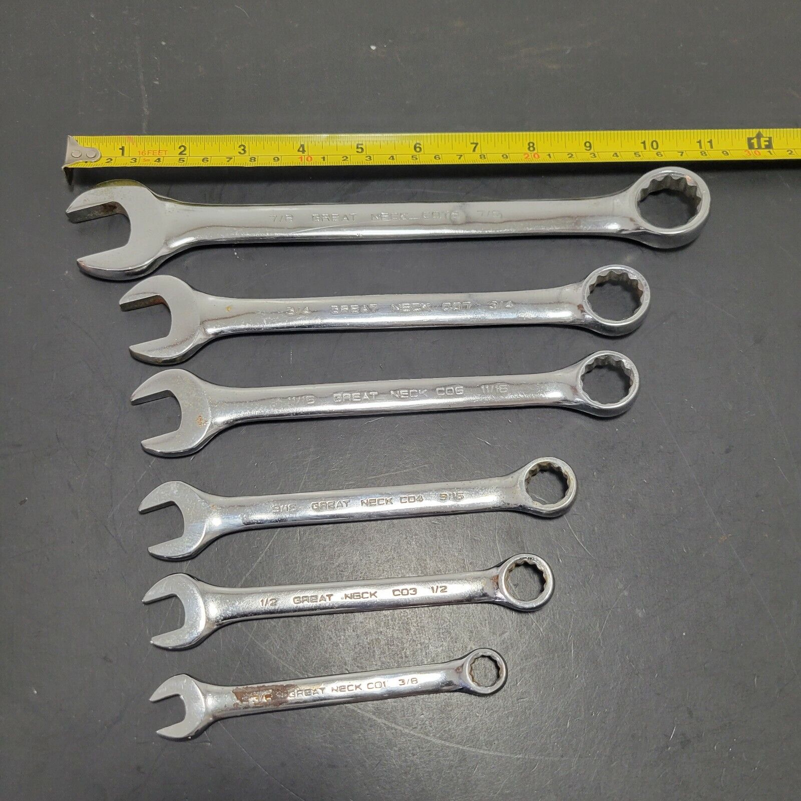 Lot of 6 Great Neck Combination Wrenches 7/8" 3/4" 11/16" 9/16" 1/2" 3/8" SAE 