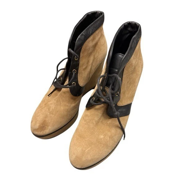 Tod’s Camel Suede Lace Up Wedge Boots Leather Trim Platform Ankle US 7 EU 37.5 - Image 3 of 4