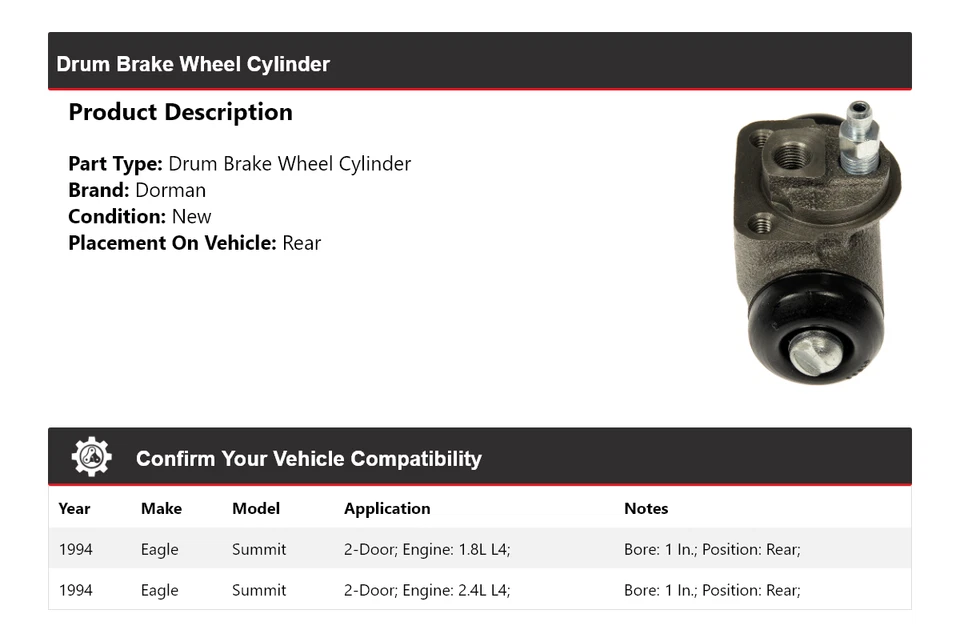 Cilindro trasero de rueda de freno de tambor Dorman de 2 puertas Eagle Summit 1994 Foto 2 de 4