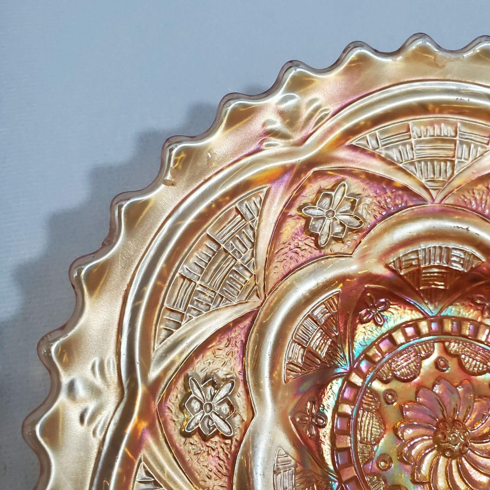 Dugan Glass Persian Garden Peach Carnival Glass Candy Dish 6 3/8