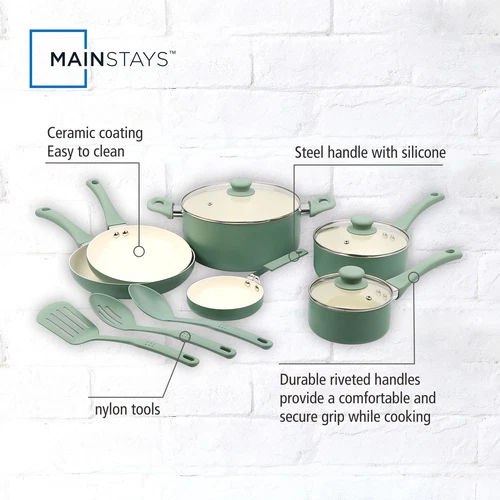 Mainstays Ceramic Aluminum, 12 Piece, Pots and Pans Cookware Set Green Nonstick - Picture 2 of 3