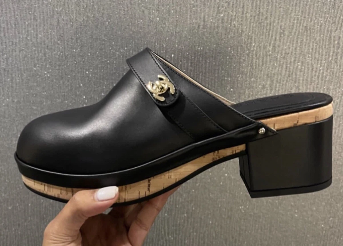 Chanel Leather & Cork Clog Mule with Gold Turnlock Hardware