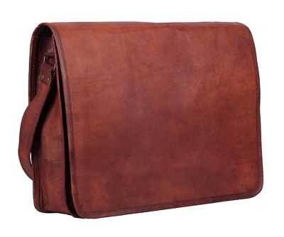 18'' Genuine Vintage Leather Messenger Shoulder Laptop Bag Leather  full flap New
