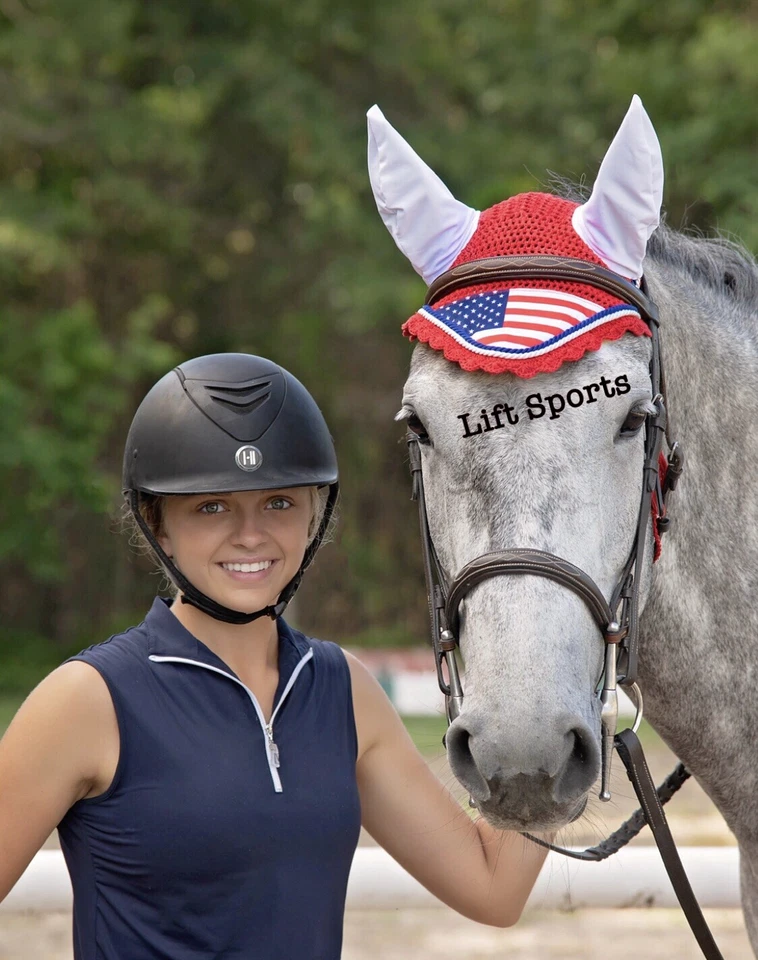 Almohadilla de silla de montar inglesa bandera americana de EE. UU. a juego mosca capó oreja red máscara velo Foto 4 de 4