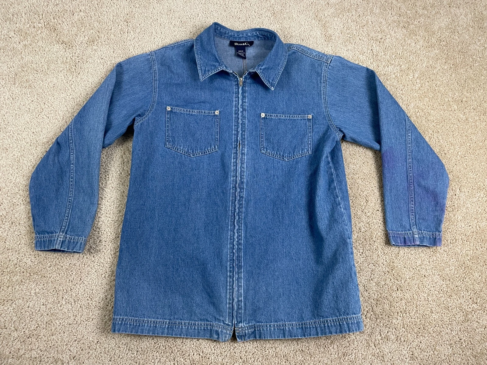 Vintage Denim & Co Full Zip Jean Jacket Mens Medium Collared Pockets Solid Blue