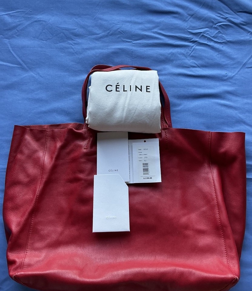 CELINE Red Leather Tote, Gold Hardware, Zip Closure, Inner Pockets, Dust Bag