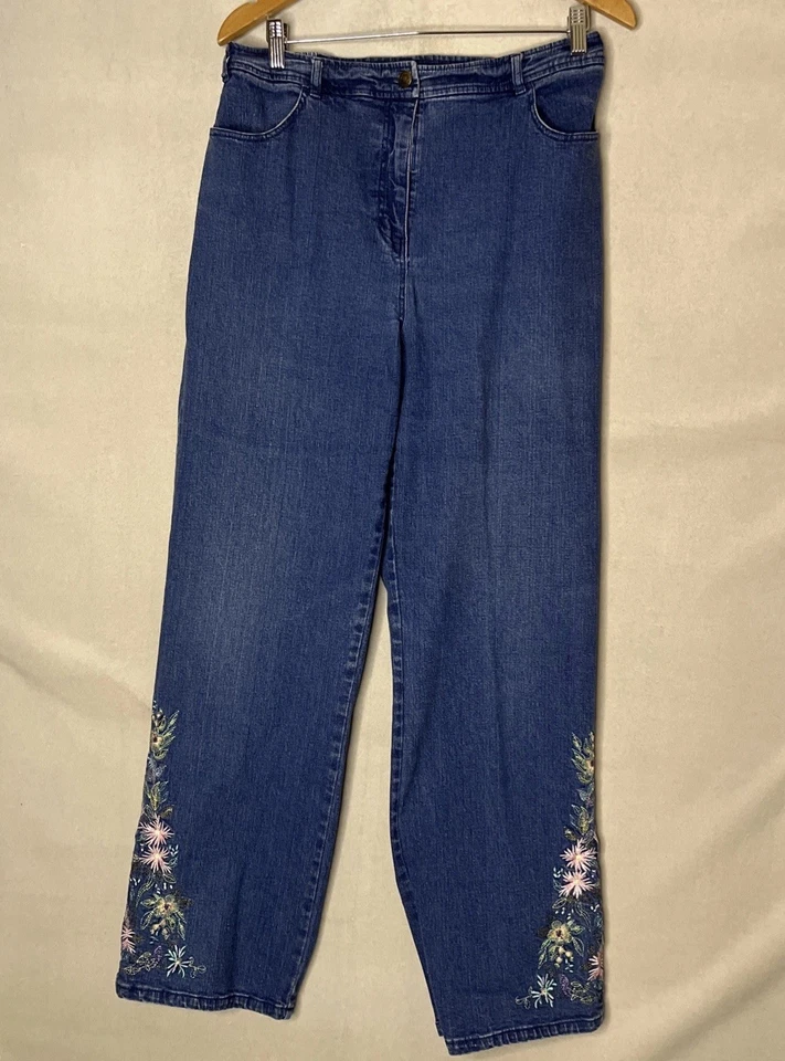Denim & Co Jeans Large Blue Cotton Embroidered Floral Pants Pockets Whimsy - Image 2 of 4