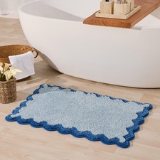 Cute Blue Scalloped Bath Mat Plush Microfiber Non Slip Washable 20x32 Inch