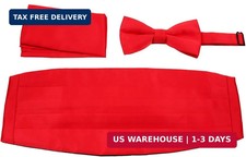 Mens Formal Woven Satin Cummerbund Pre-Tied Bowtie Hanky set - Many Solid Colors
