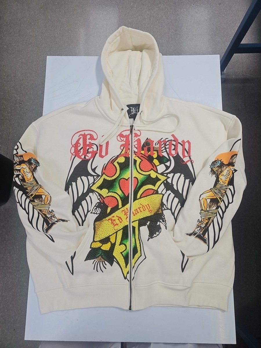 ED HARDY IVORY ZIP-UP HOODIE SIZE XL JESUS CROSS W/RHINESTONE 2026