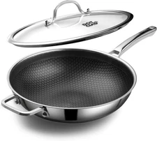Wok Pan Hybrid 12 inch Wok with Lid Cover Stir-fry pans Nonstick Stainless Steel
