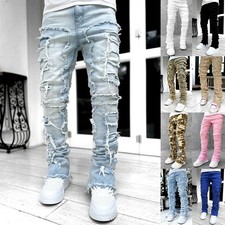 Ins Fringes Ripped Trousers Individual Patched Pants Long Tight Fit Stacked Jean