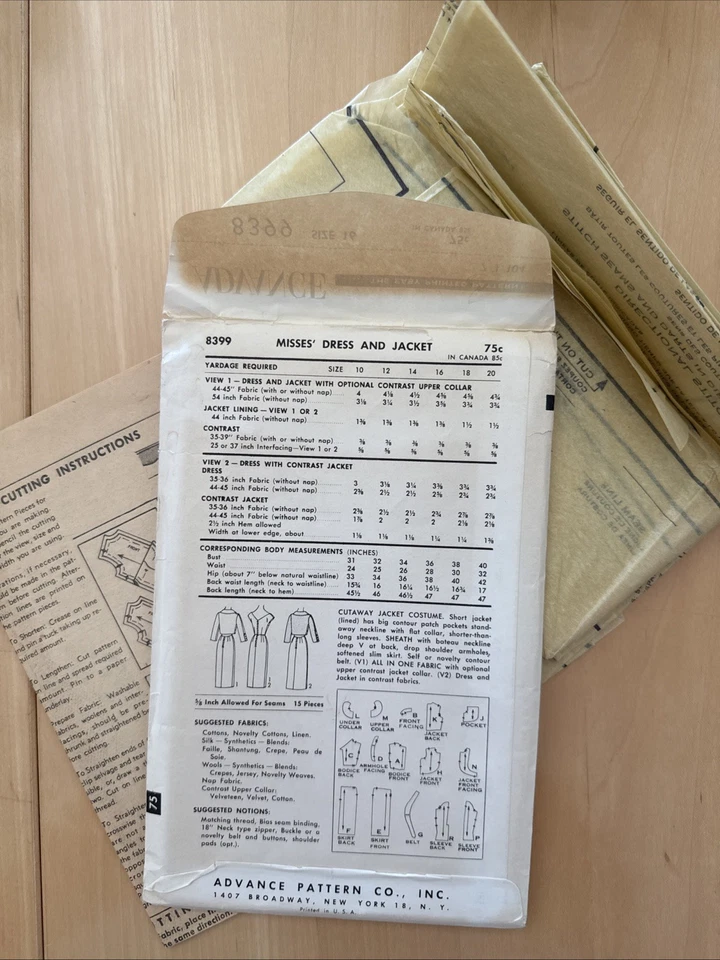 Vestido Falda Lápiz Patrón Avanzado 8399 Talla 16 Mujer Corte Jkt FF 1950’s Raro Foto 2 de 2