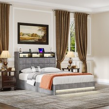 VECELO Full Queen Size Bed Frame with Adjustable LED Light and Charging Station