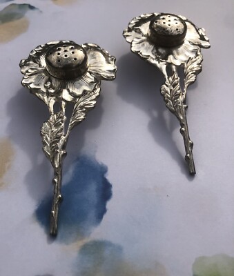 Vintage Flower Salt and Pepper Shakers Silver Japan Repousse Style