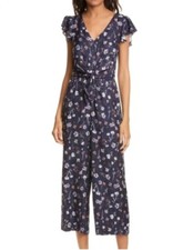 REBECCA TAYLOR Aurelie Blue Floral Silk Blend Tie Front Cropped Jumpsuit Sz 14