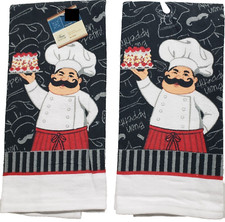 Set of 2 Same Printed Kitchen Terry Towels 15"x25" FAT CHEF WITH CAKE 1, GR