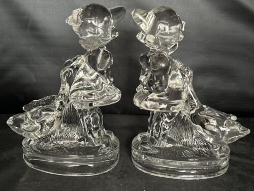 Vintage LE Smith Clear Glass Girl with Geese Figurines Bookends Set of 2 - Afbeelding 1 van 6