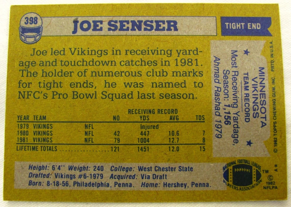 1982 Topps #398 Joe Senser Minnesota Vikings firmado personalmente en 1993 MOA Foto 2 de 3