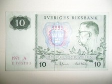 1971 SWEDEN 10 KORONE BANKNOTE SPL SERIES A